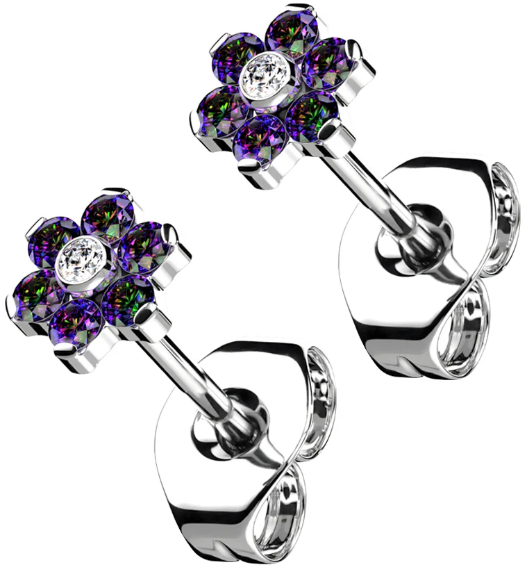 Flower Black Aurora CZ Titanium Threadless Earrings - Mrs Treak