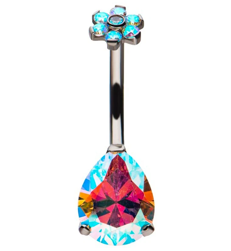 Aurora Teardrop CZ Flower Titanium Belly Button Ring - Mrs Treak