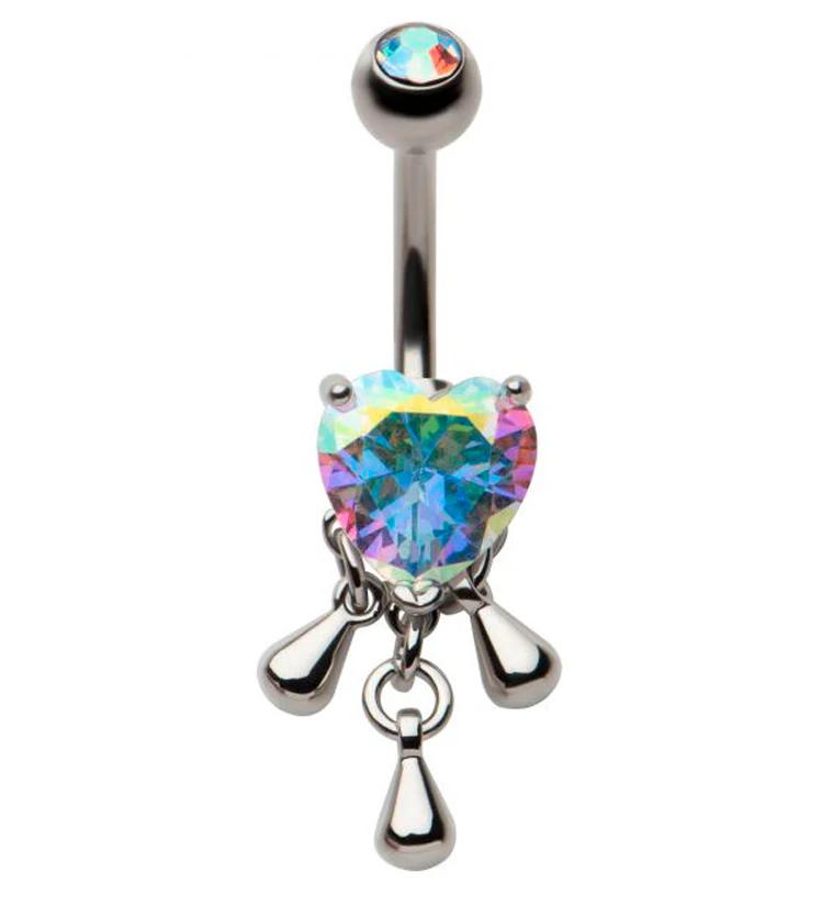 Heart Rainbow Aurora CZ Dangle Drops Stainless Steel Belly Button Ring - Mrs Treak