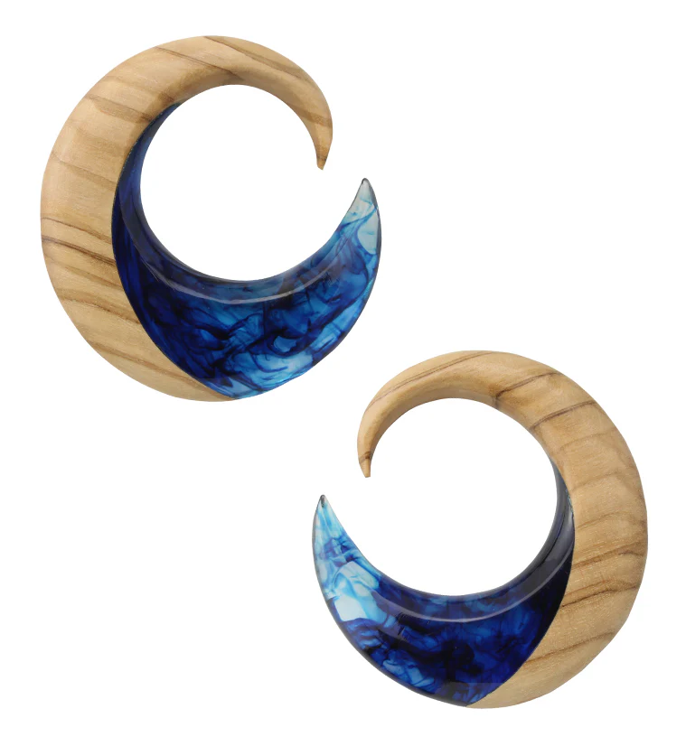 Blue Resin Crescent Tamarind Wood Ear Weights - Mrs Treak