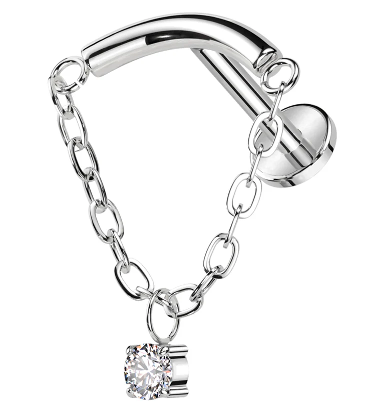 Curved Bar Dangle Clear CZ Chain Titanium Internally Threaded Labret - Mrs Treak