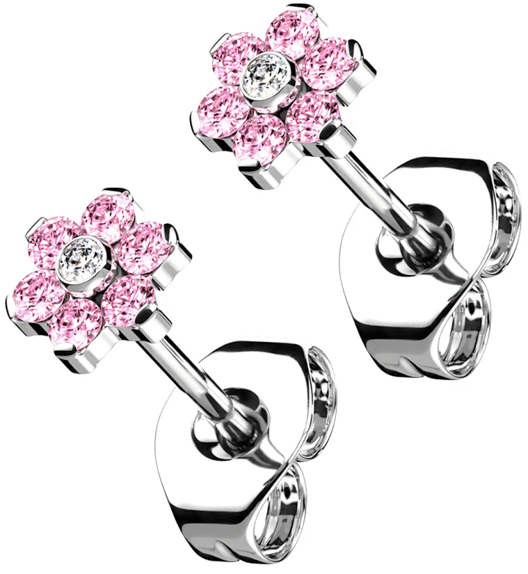 Flower Pink CZ Titanium Threadless Earrings - Mrs Treak