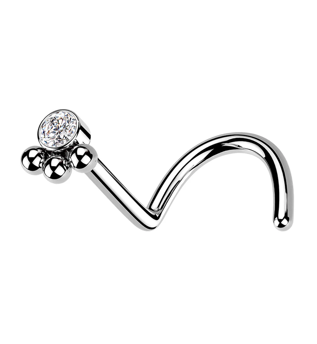Triple Beaded Clear CZ Nose Screw Ring - Mrs Treak