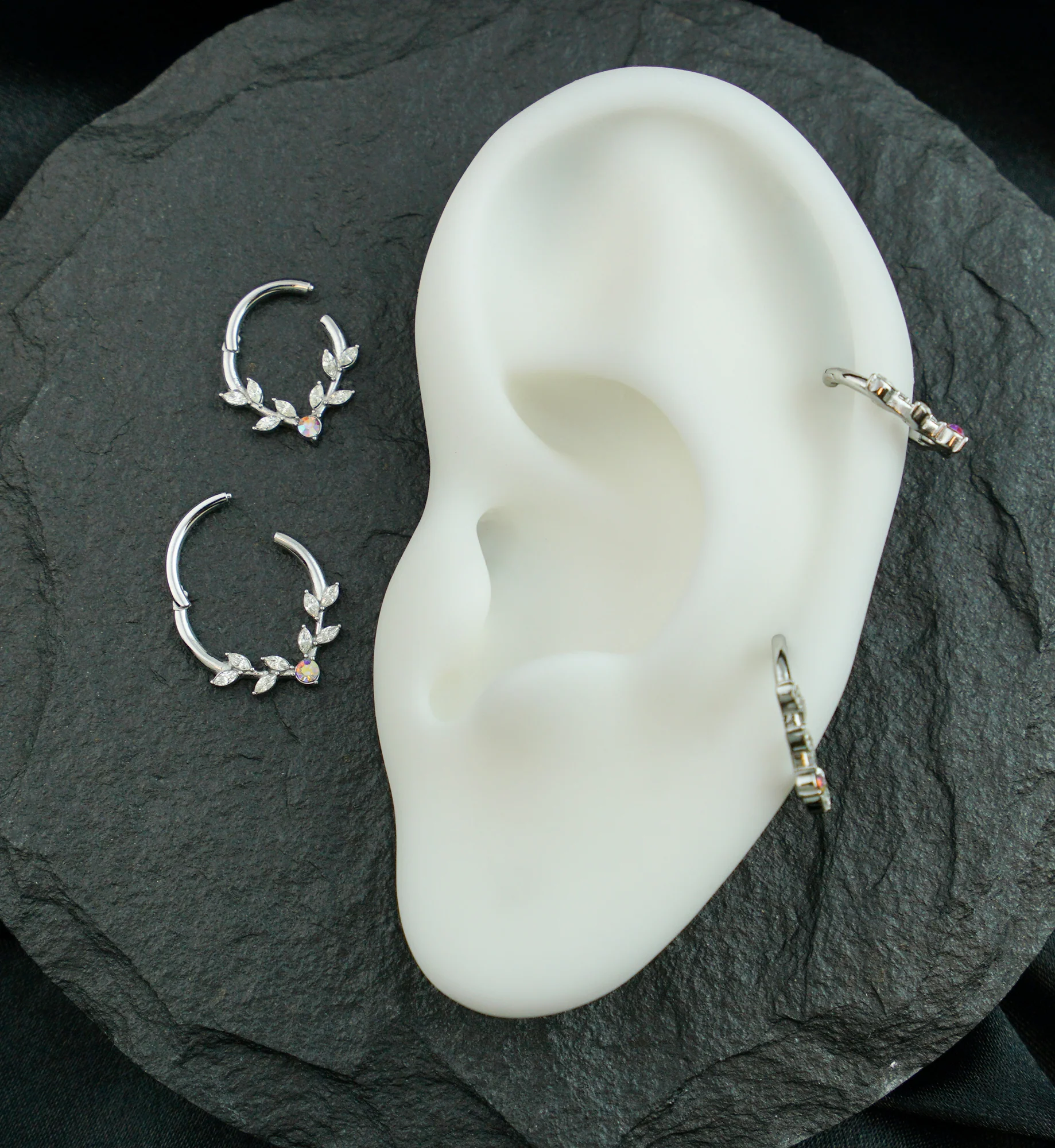 Laurel Vine Clear And Rainbow Aurora CZ Stainless Steel Hinged Segment Ring - Mrs Treak