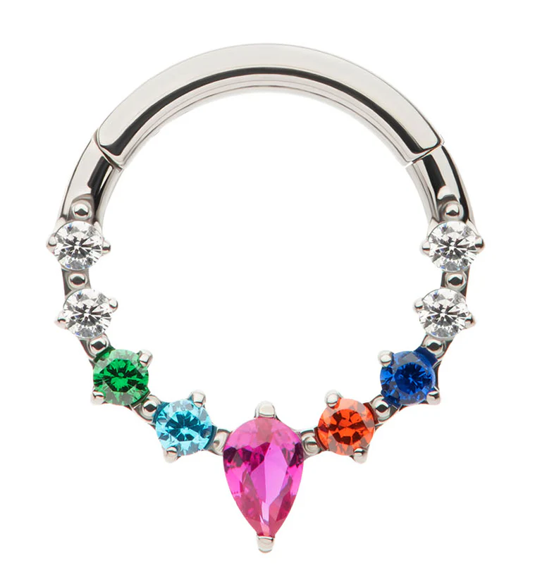 Teardrop Icicle Rainbow CZ Titanium Hinged Segment Ring - Mrs Treak