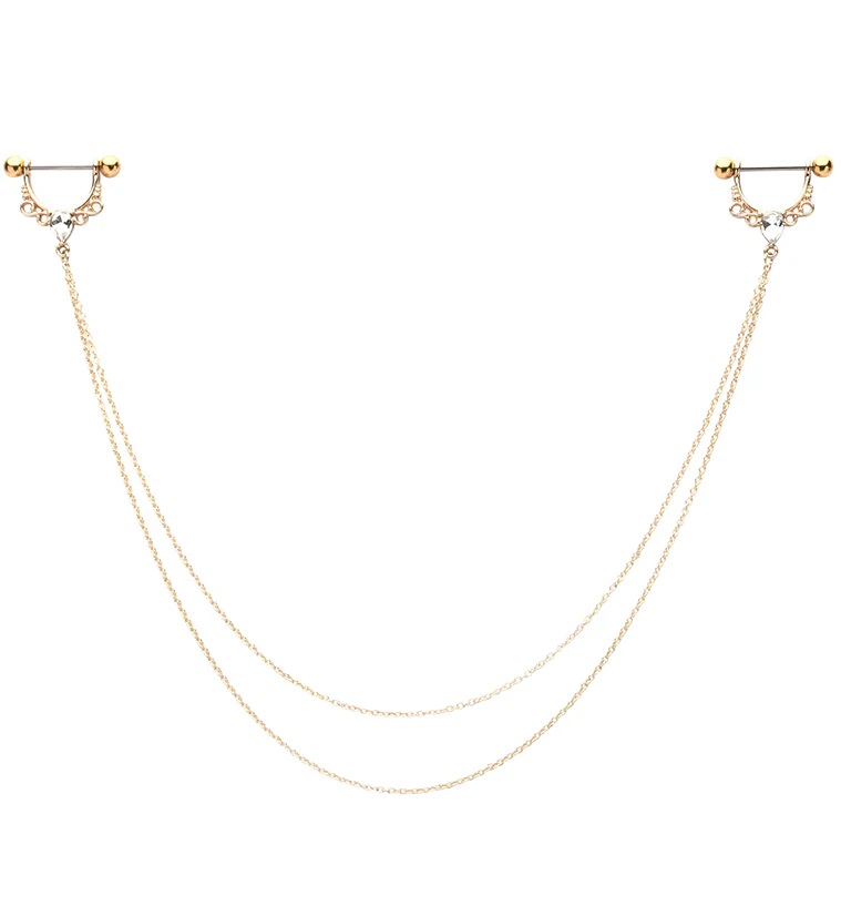 Gold PVD Adorn Teardrop Clear CZ Connecting Chain Nipple Ring Barbell - Mrs Treak