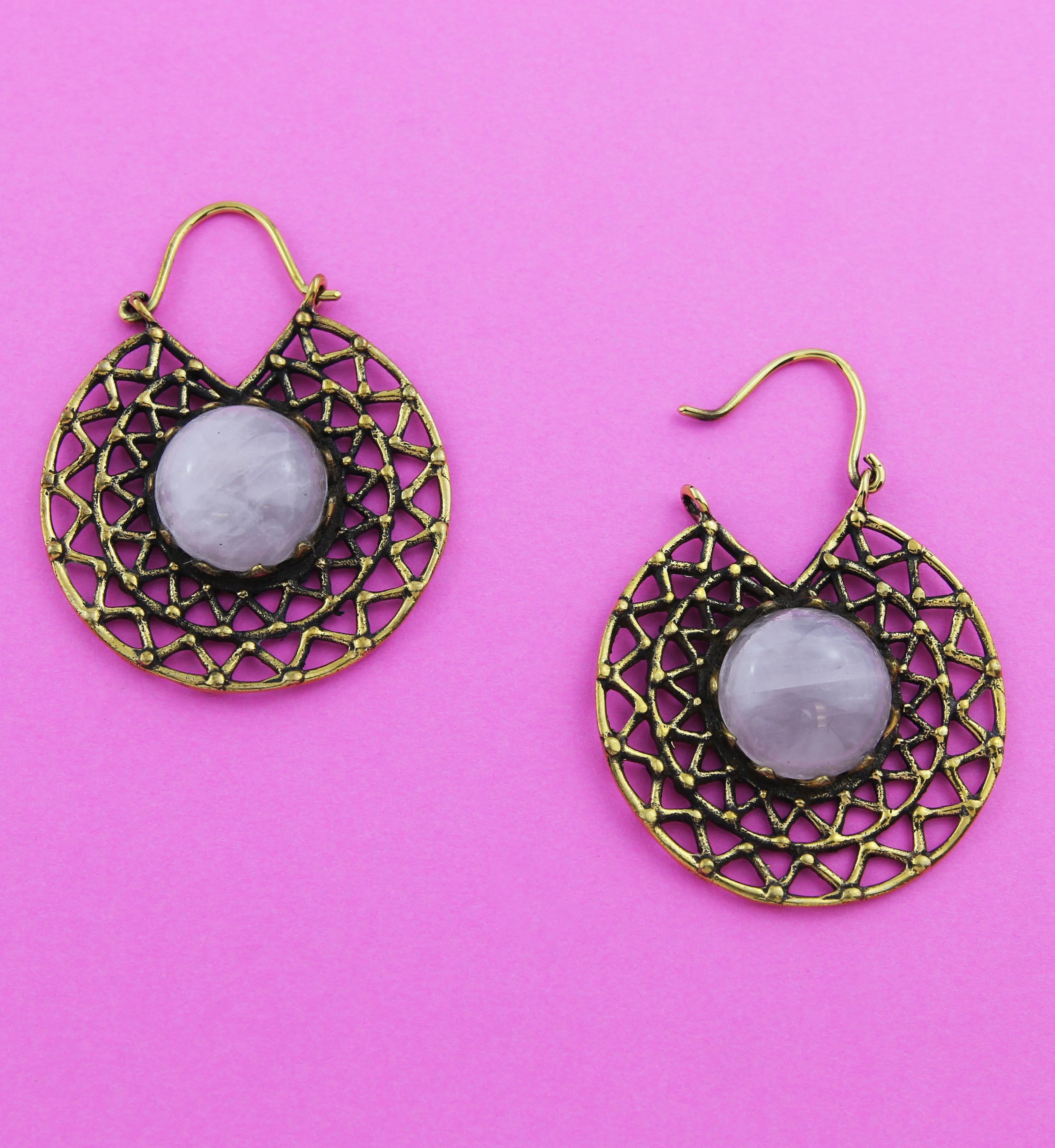 Geo Mandala Rose Quartz Inlay Brass Earrings/Hangers - Mrs Treak