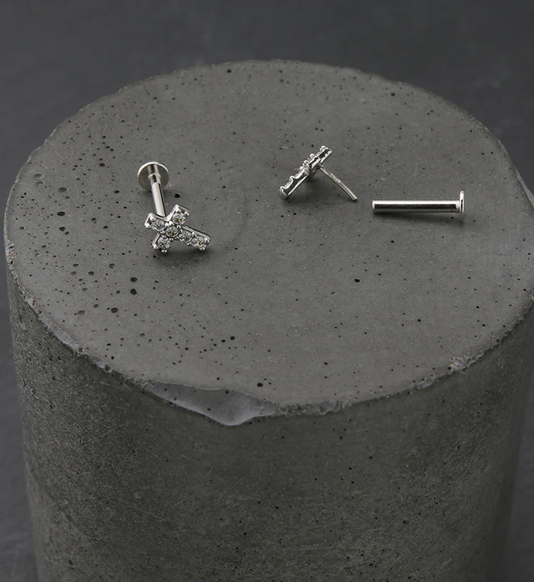 14kt White Gold Cross CZ Threadless Labret - Mrs Treak