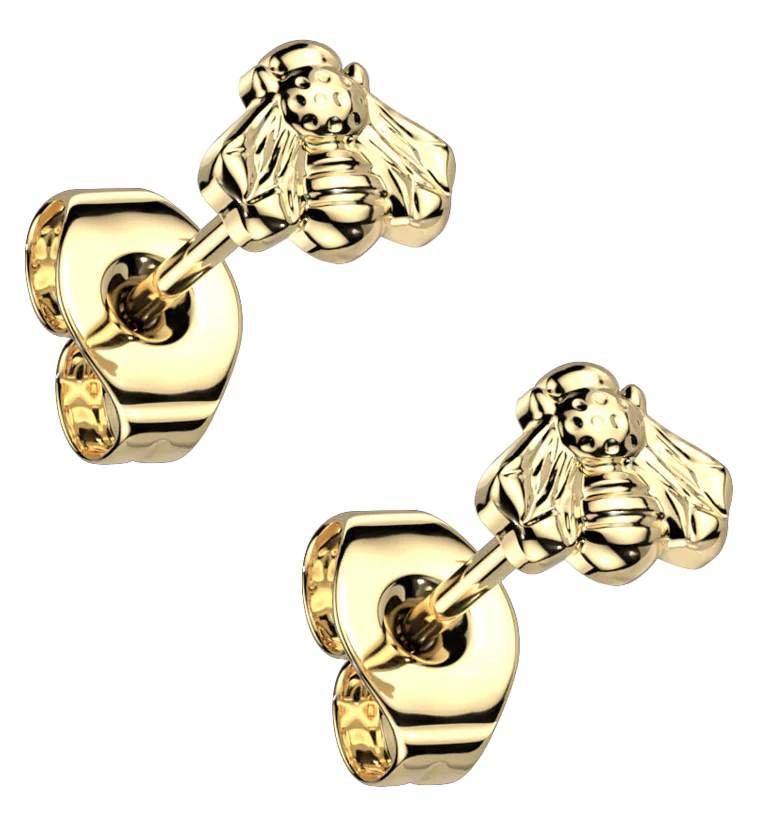 Gold PVD Bee Titanium Threadless Earrings - Mrs Treak