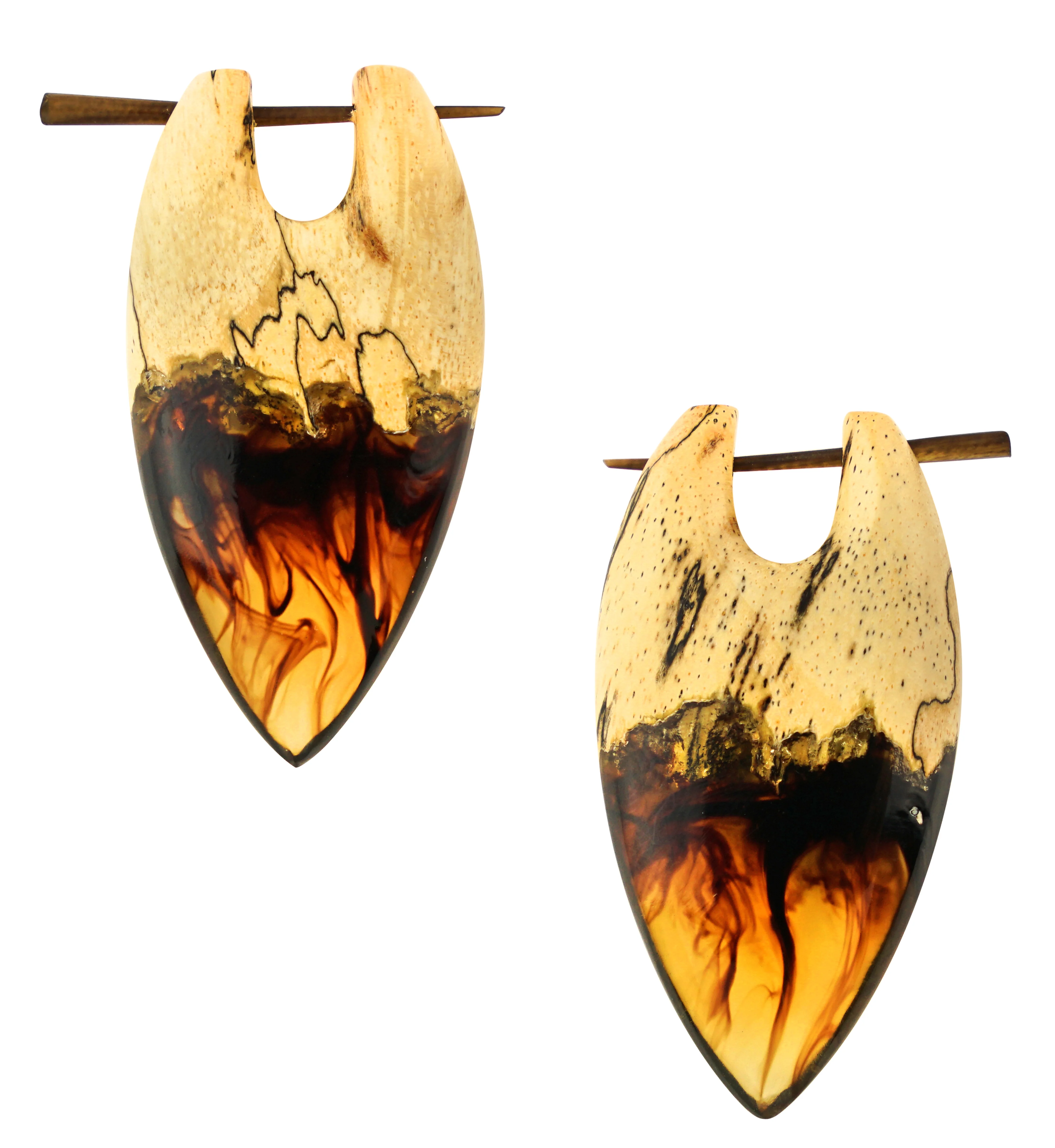 Seeping Fire Resin Tamarind Wood Point Earrings - Mrs Treak