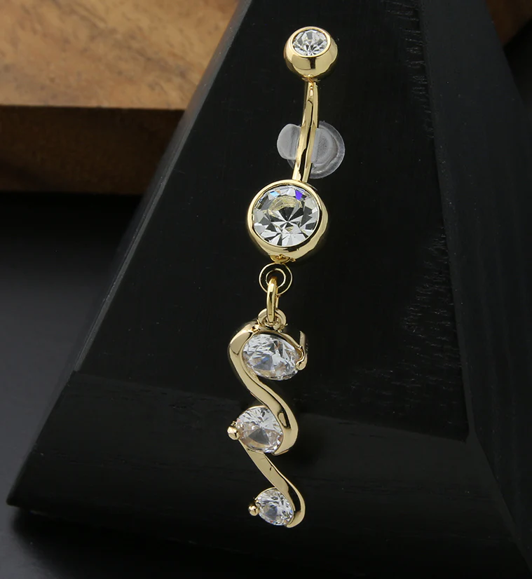 Gold PVD Curl Dangle CZ Stainless Steel Belly Button Ring - Mrs Treak