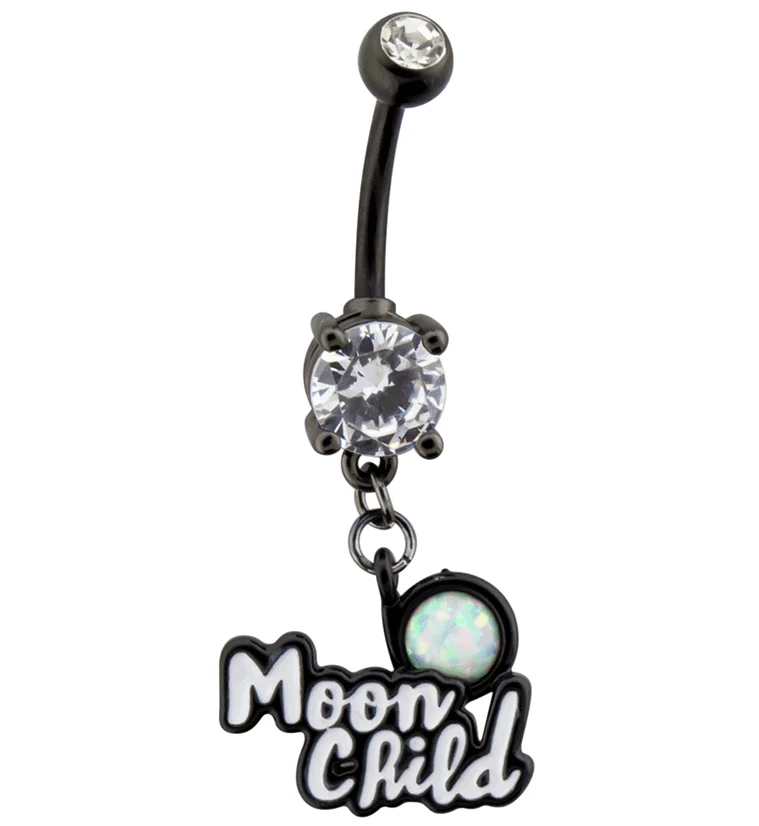 Black PVD White Opalite Moon Child Belly Button Ring - Mrs Treak