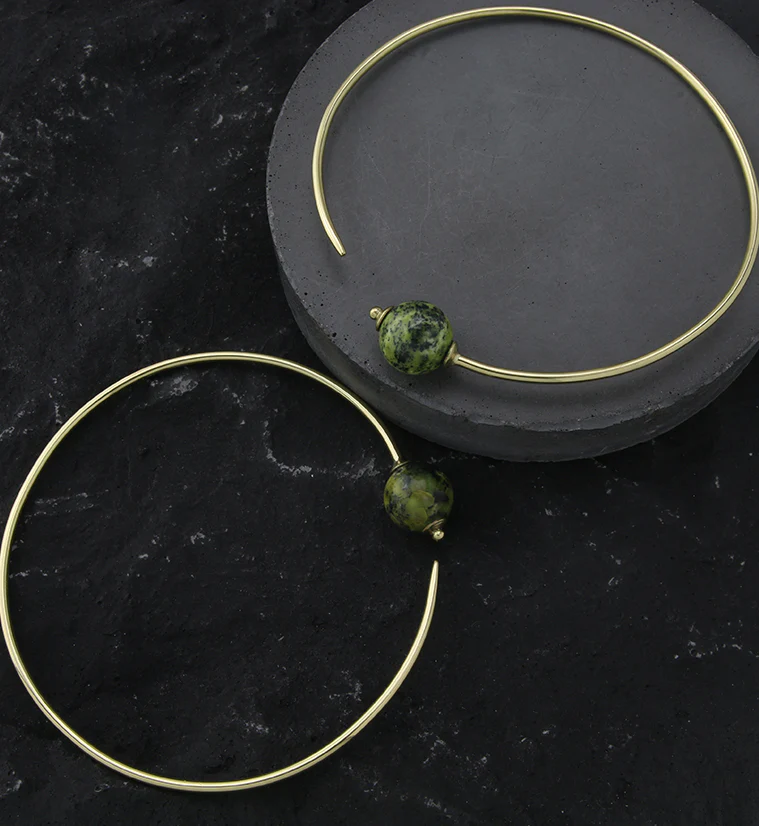 Serpentine Stone Orb Brass Hangers / Plug Hoops - Mrs Treak