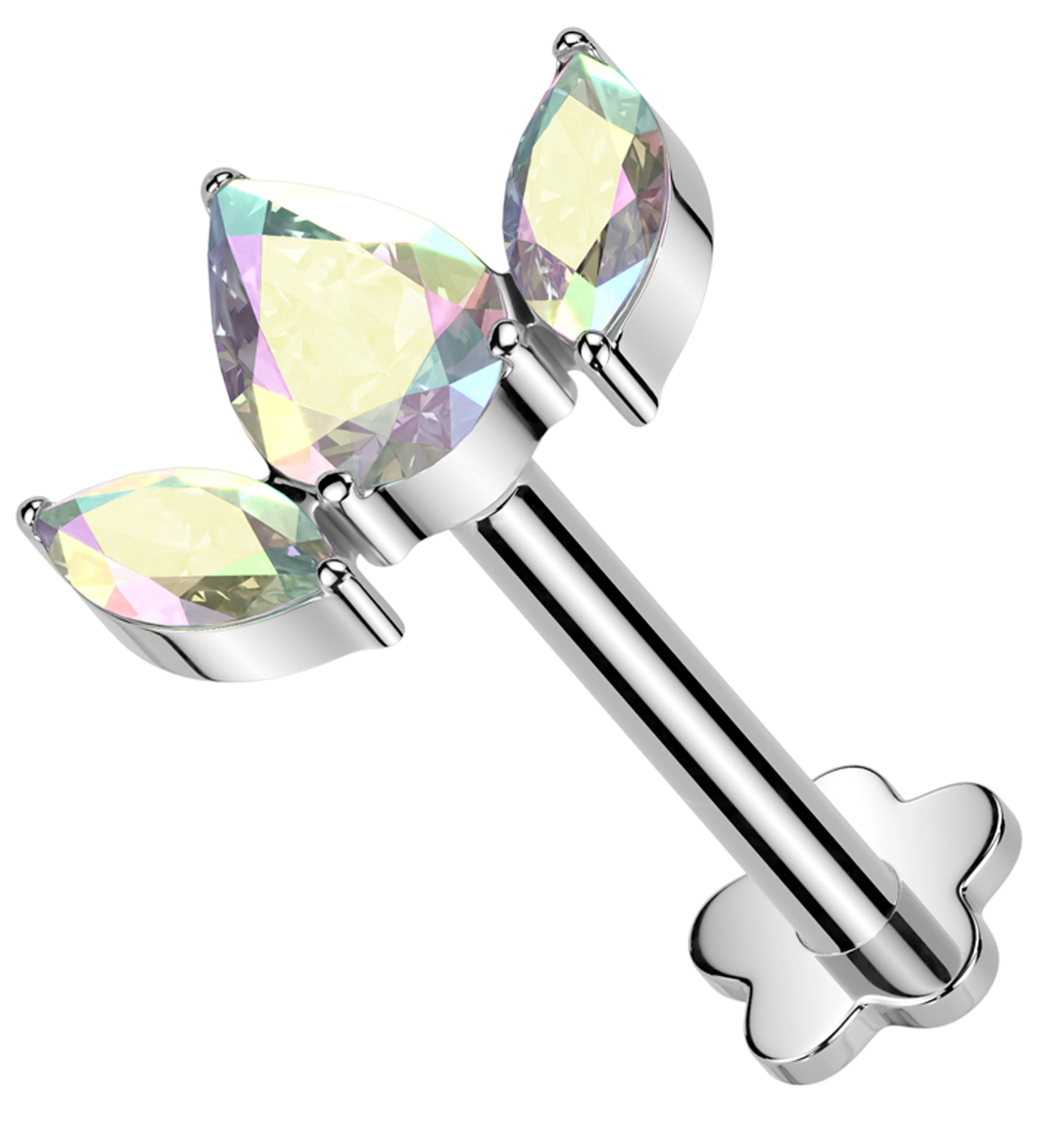 Sepal Rainbow Aurora CZ Flower Back Titanium Threadless Labret - Mrs Treak