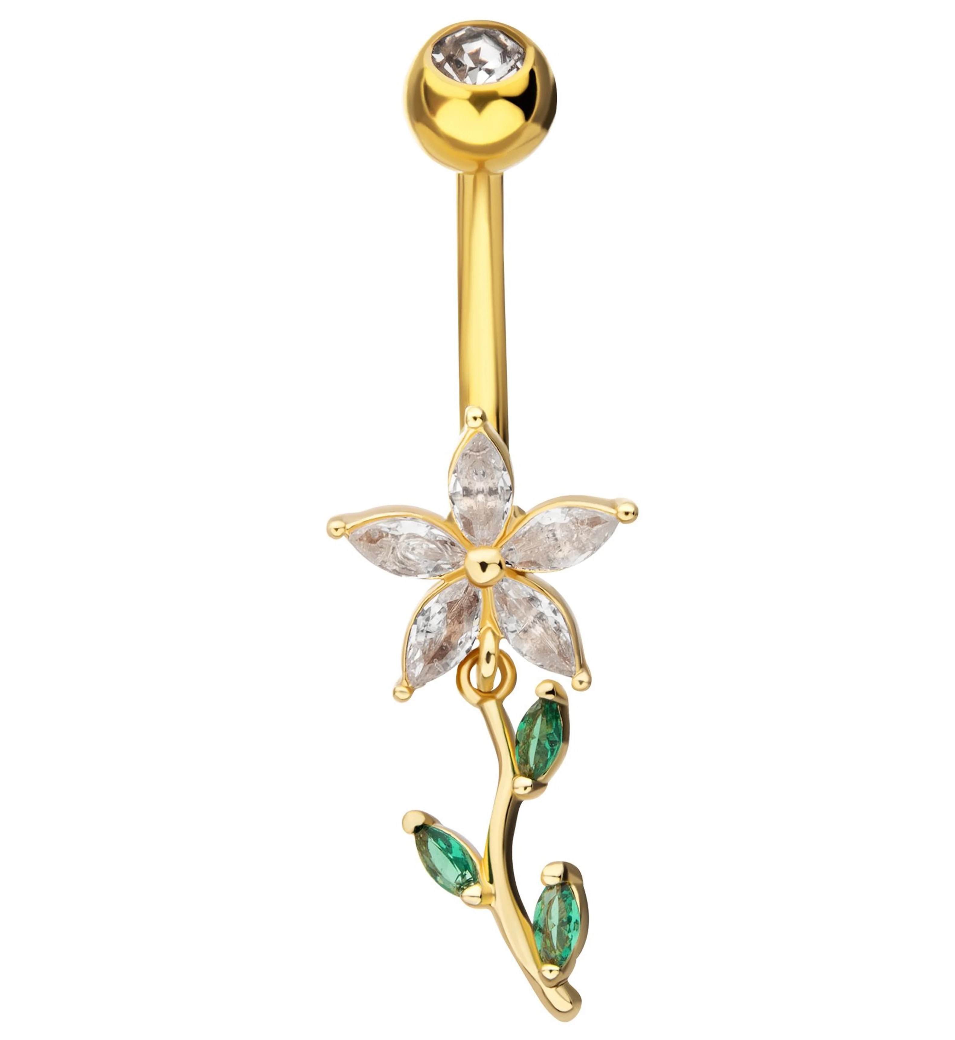 Gold PVD Flower Clear And Emerald CZ Dangle Stainless Steel Belly Button Ring - Mrs Treak