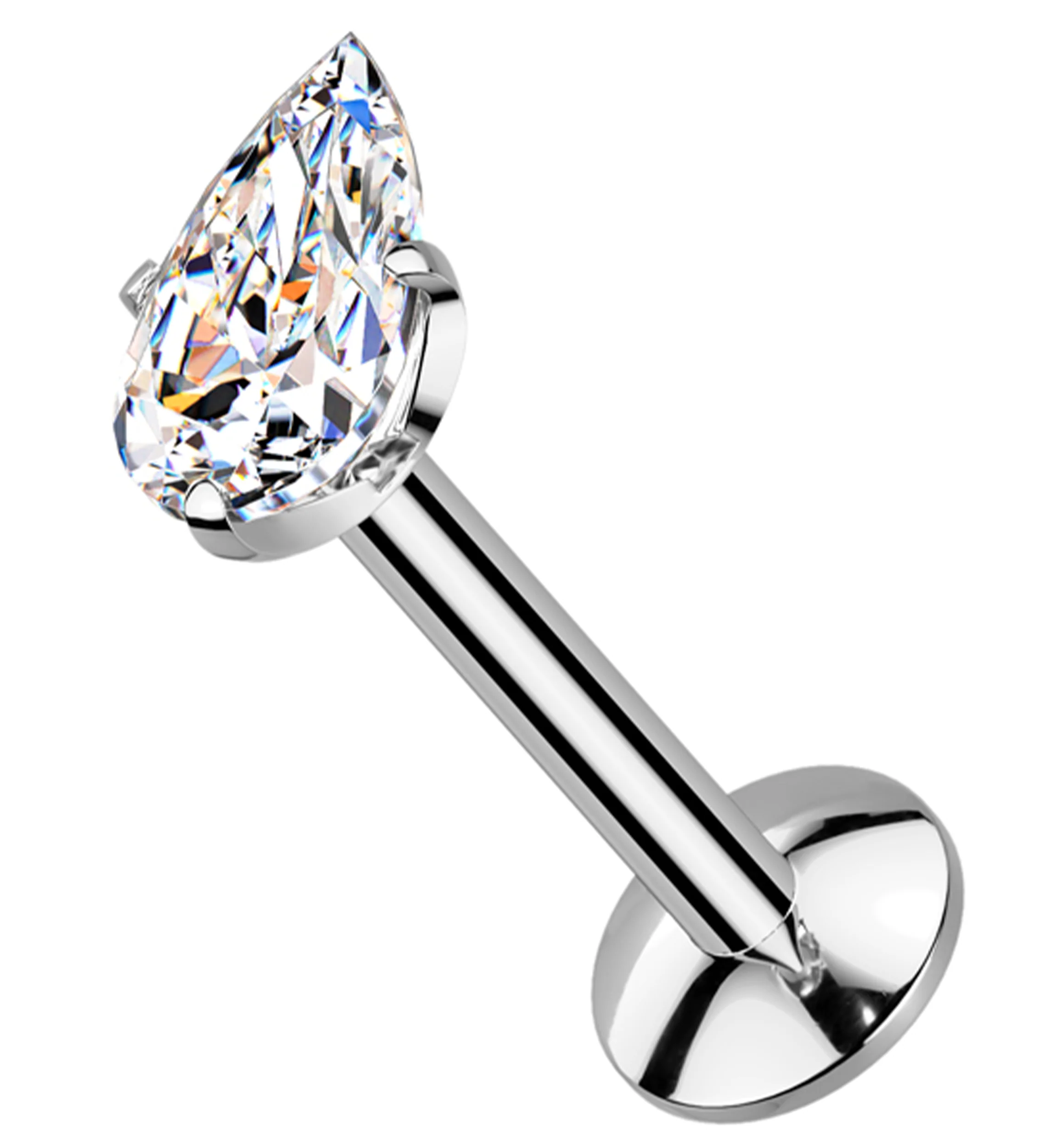 Prong Teardrop Clear CZ Internally Threaded Titanium Convex Back Labret - Mrs Treak
