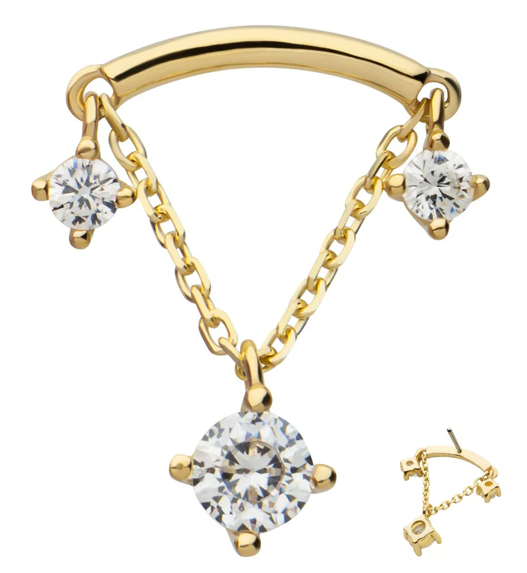 14kt Gold Curve Bar Dangle Triple Clear CZ Threadless Top - Mrs Treak
