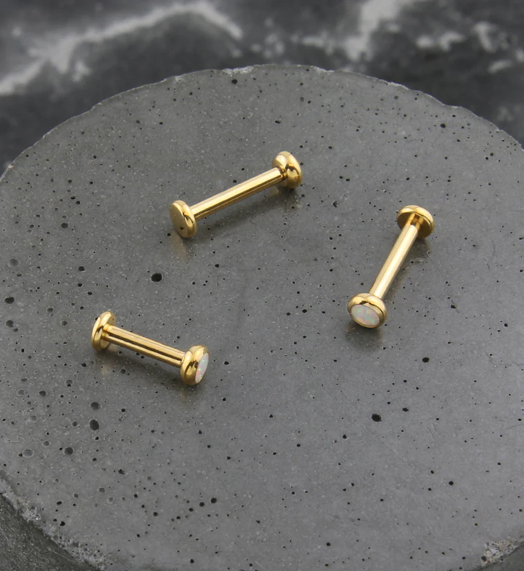 Gold PVD Flat Bezel White Opalite Internally Threaded Titanium Labret - Mrs Treak