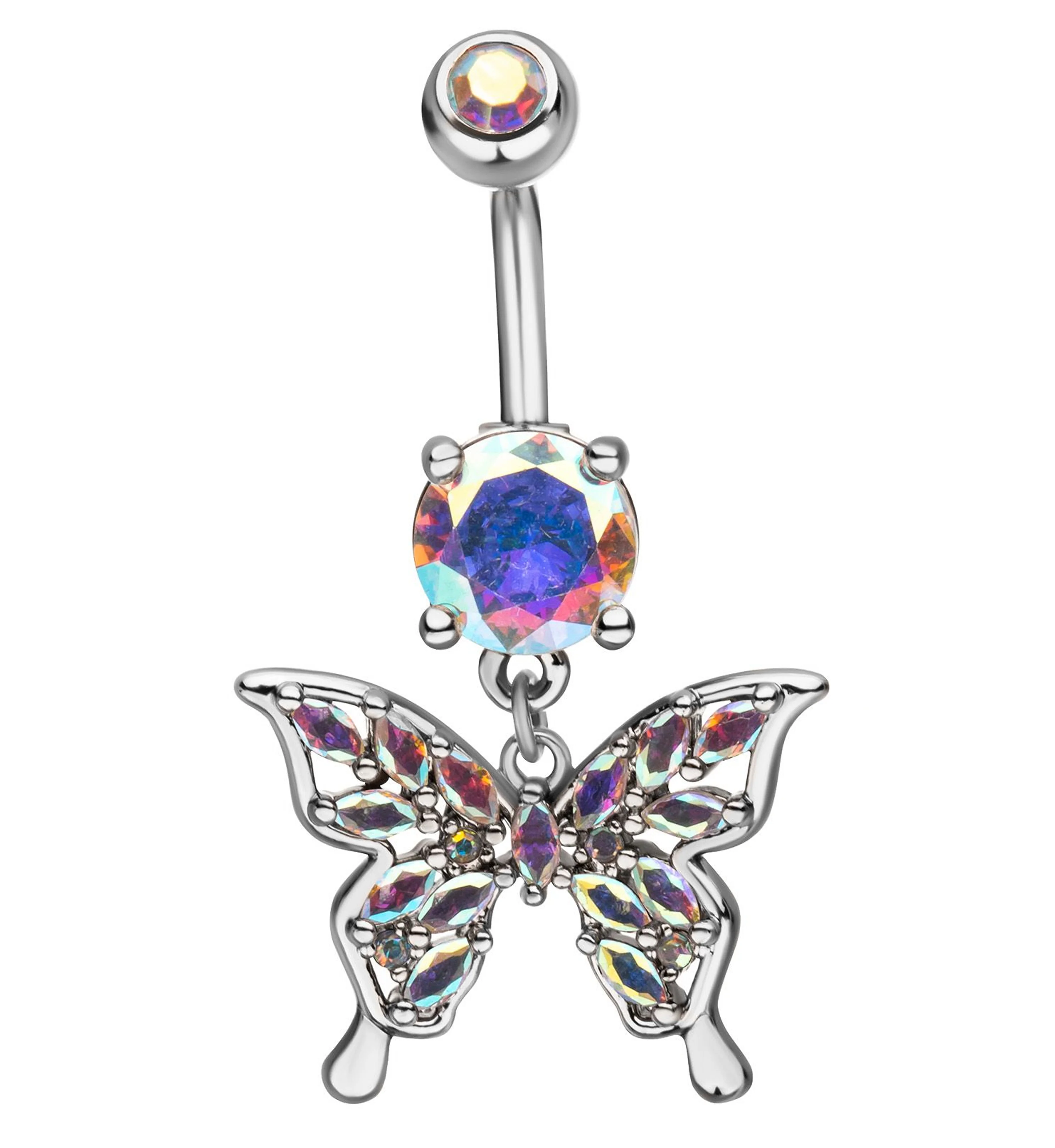 Butterfly Marquise Rainbow Aurora CZ Filled Dangle Stainless Steel Belly Button Ring - Mrs Treak
