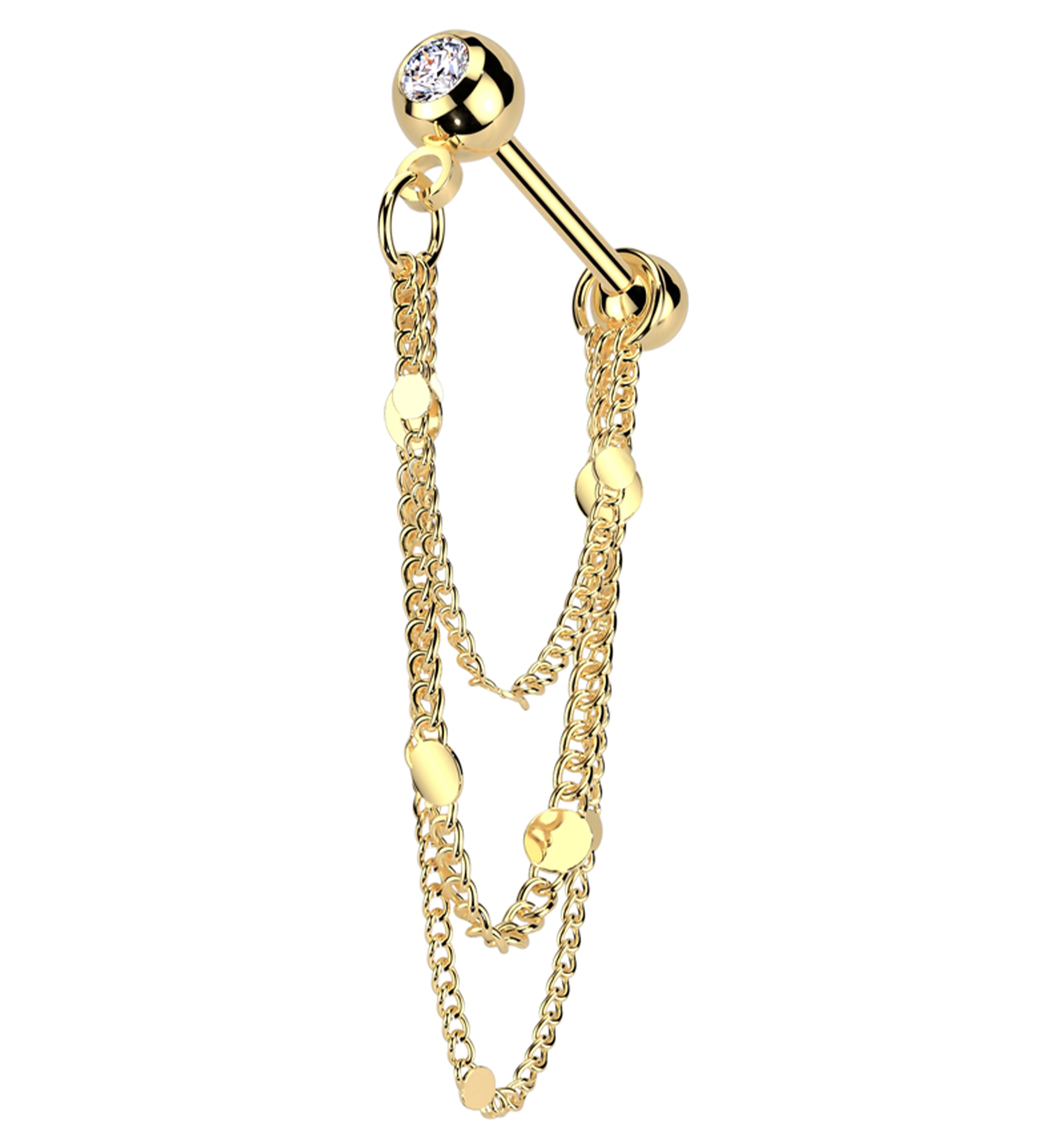 Gold PVD Clear CZ Stainless Steel Flat Disk Dangle Triple Chain - Mrs Treak