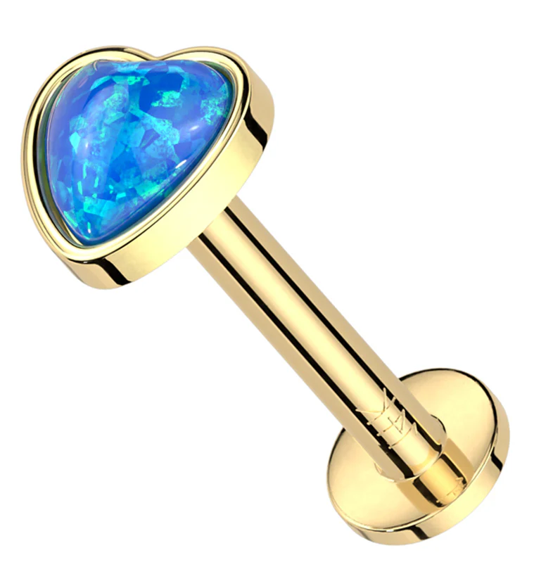 14kt Gold Heart Blue Opalite Threadless Labret - Mrs Treak