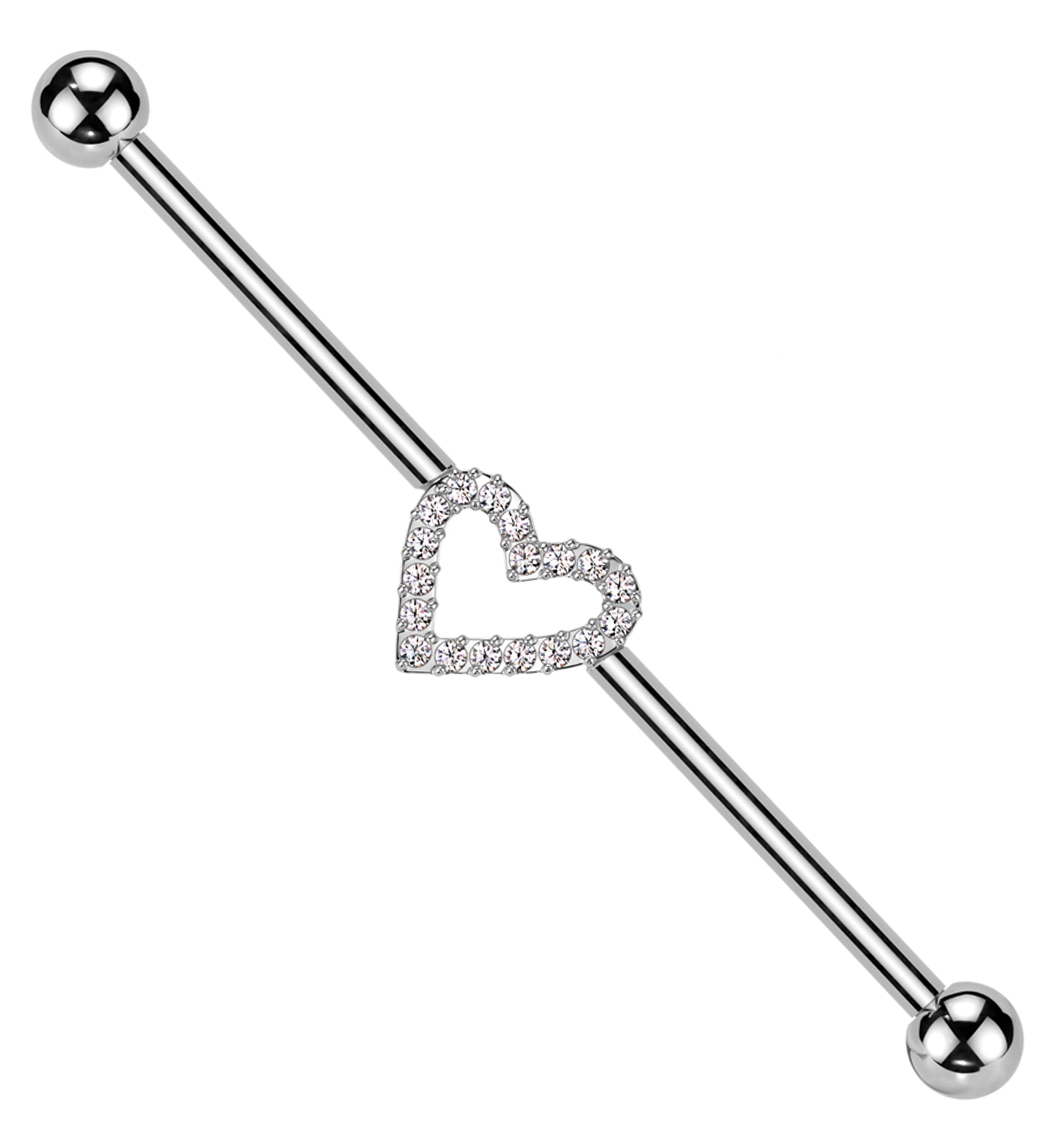 Heart Hollow Clear CZ Internally Threaded Titanium Industrial Barbell - Mrs Treak
