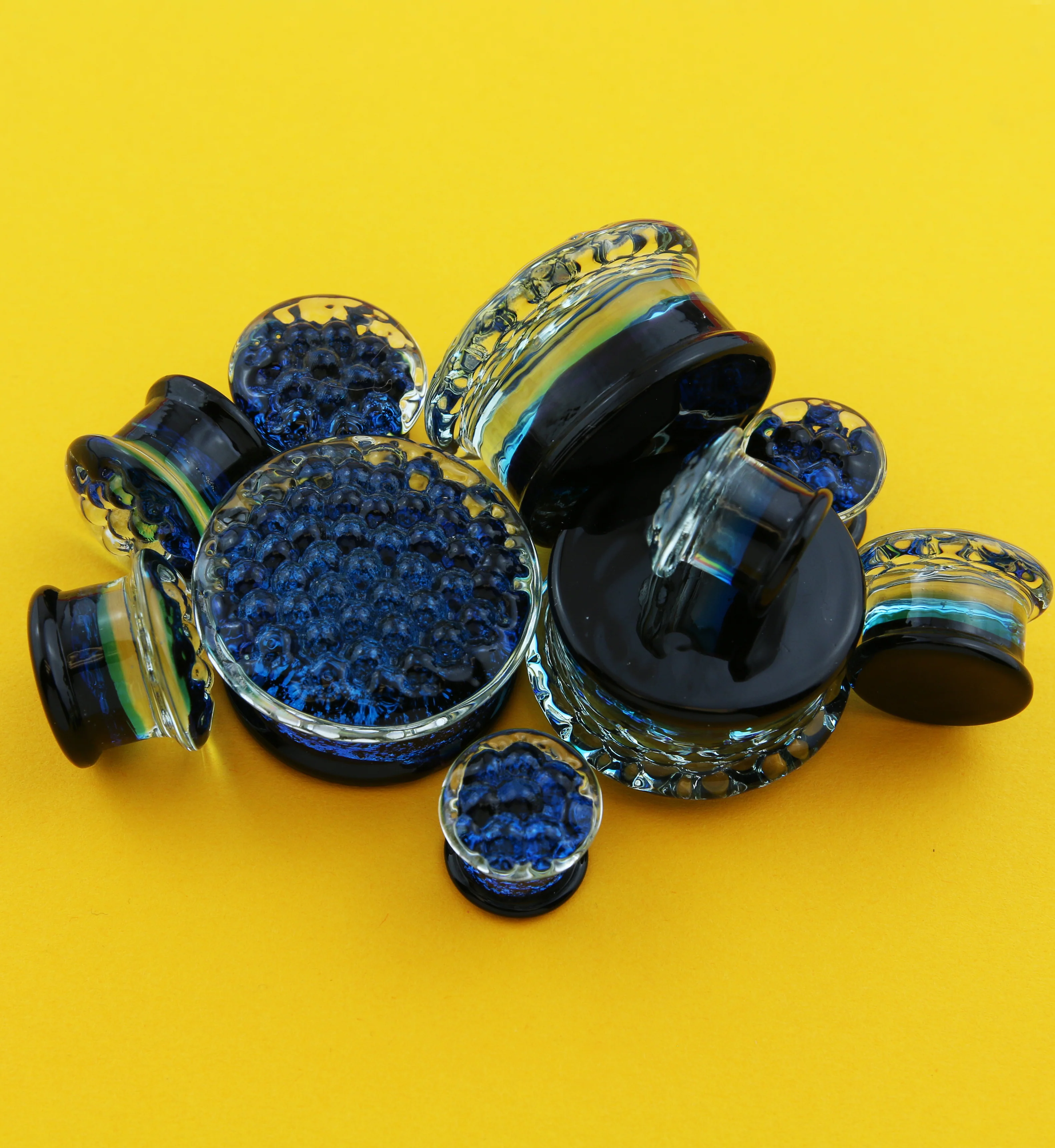 Blue Honeycomb Glass Double Flare Plugs - Mrs Treak