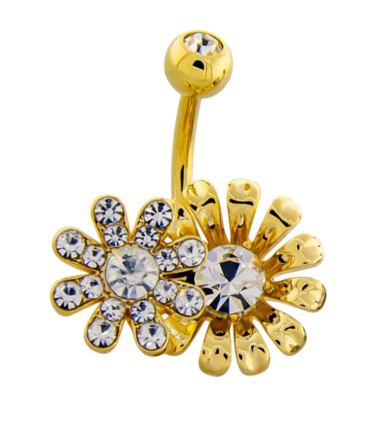 Gold PVD Double Flower CZ Belly Ring - Mrs Treak