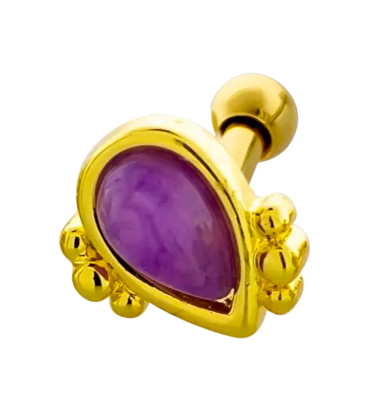 Gold PVD Beaded Amethyst Teardrop Cartilage Barbell - Mrs Treak