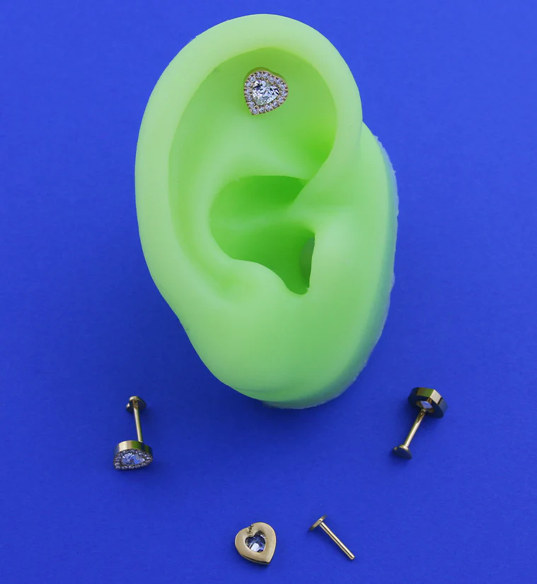Gold PVD Lined Heart Clear CZ Titanium Threadless Heart Back Labret - Mrs Treak
