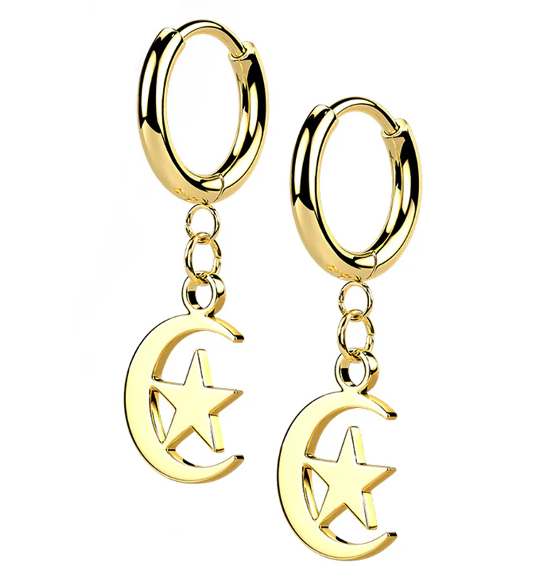 Gold PVD Crescent Star Stainless Steel Hinged Earrings - Mrs Treak