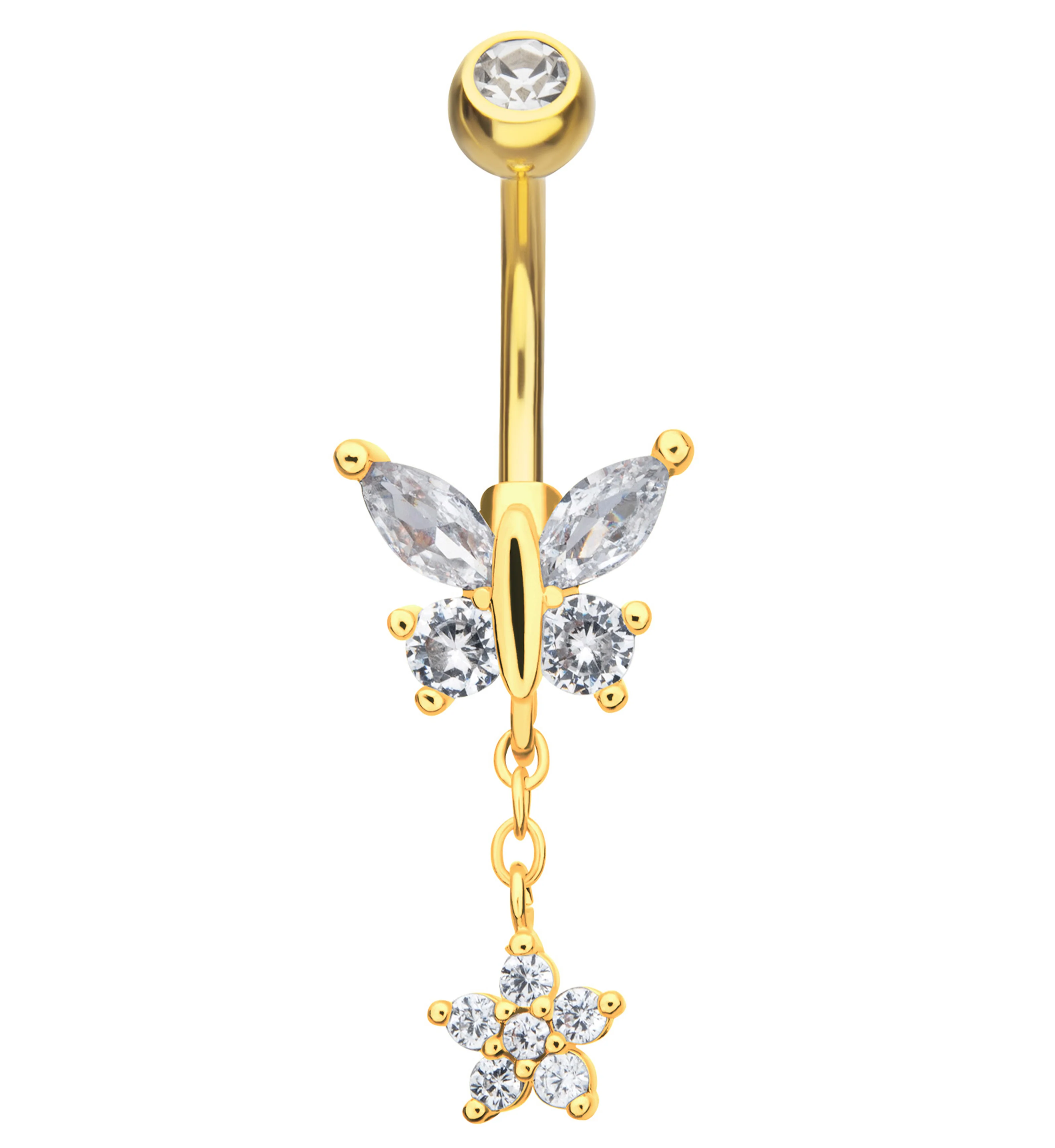 Gold PVD Flower Butterfly Clear CZ Dangle Stainless Steel Belly Button Ring - Mrs Treak