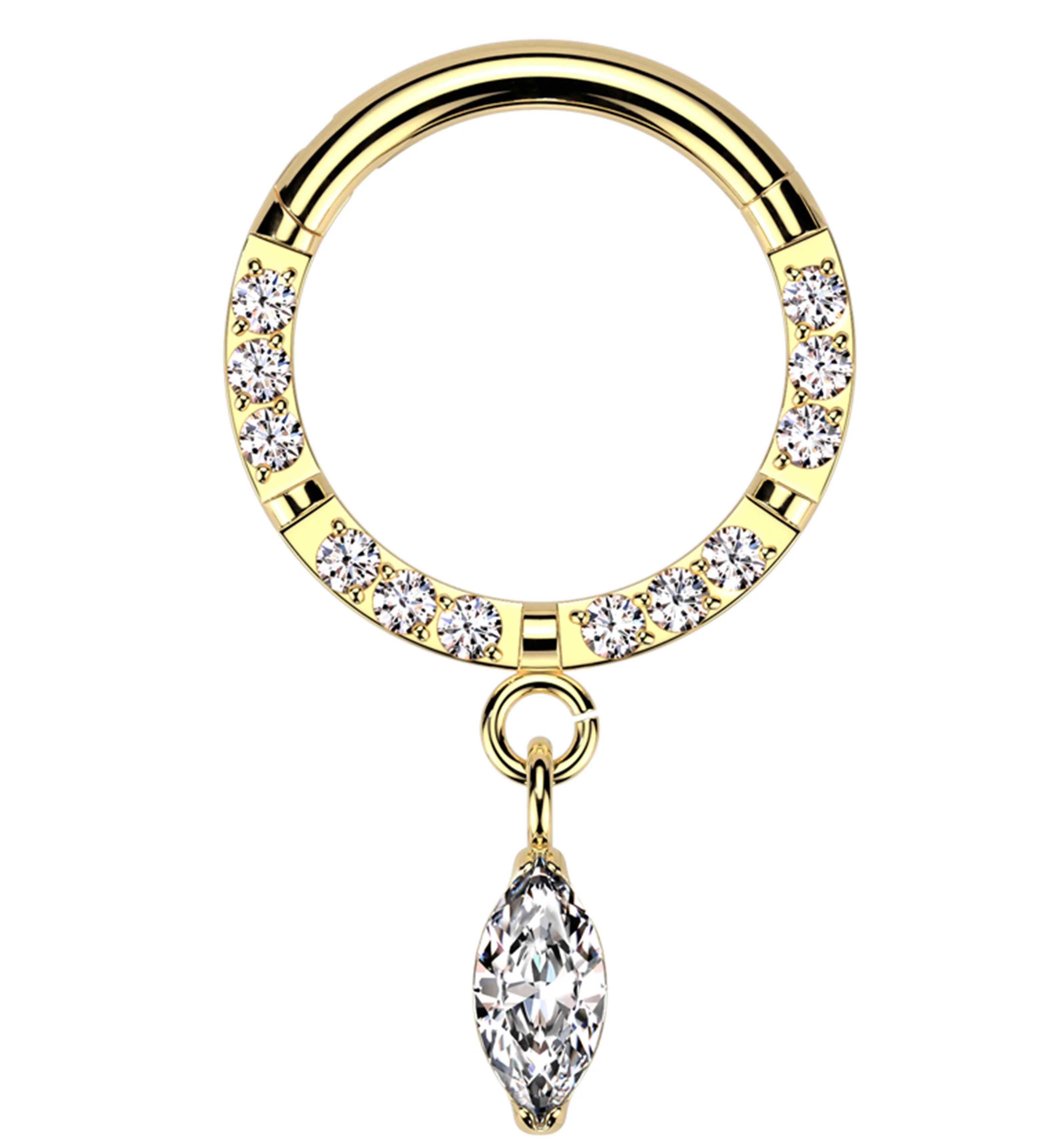Gold PVD Front Facing Marquise Dangle Clear CZ Row Titanium Hinged Segment Ring - Mrs Treak