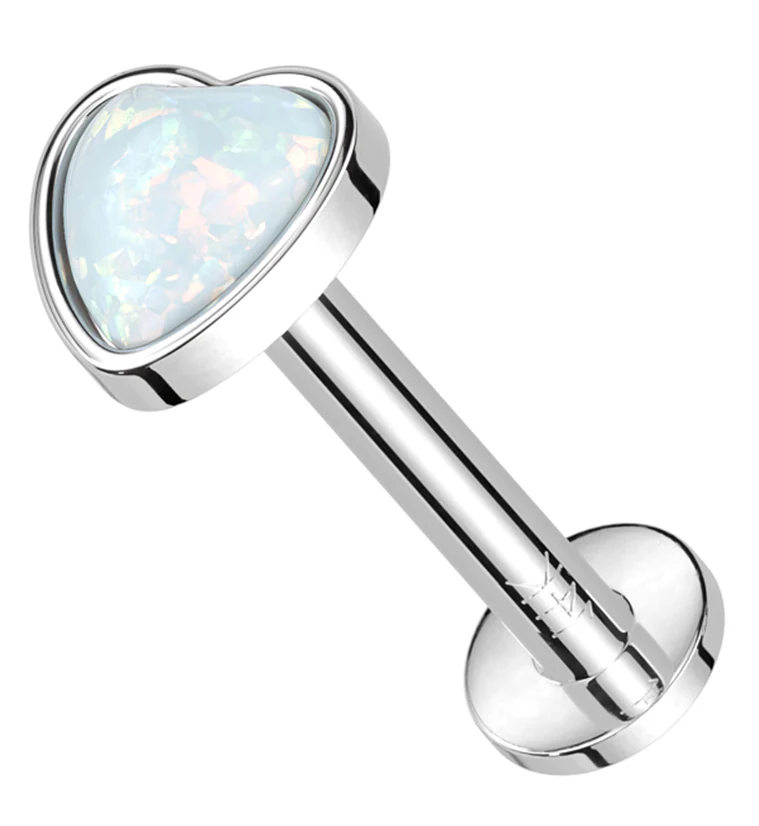 14kt White Gold Heart White Opalite Threadless Labret - Mrs Treak