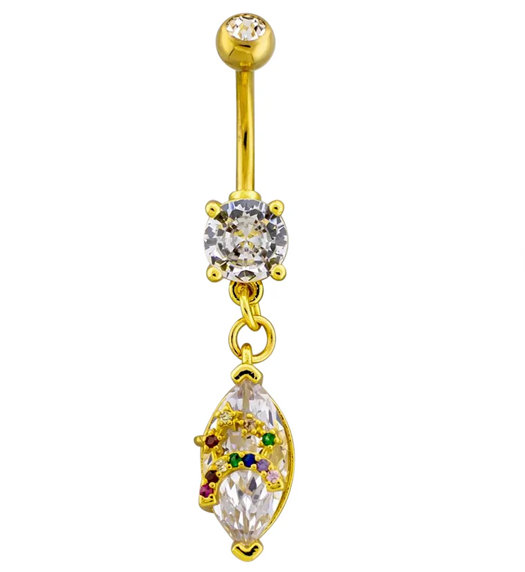 Gold PVD Rainbow CZ Oval Dangle Stainless Steel Belly Button Ring - Mrs Treak