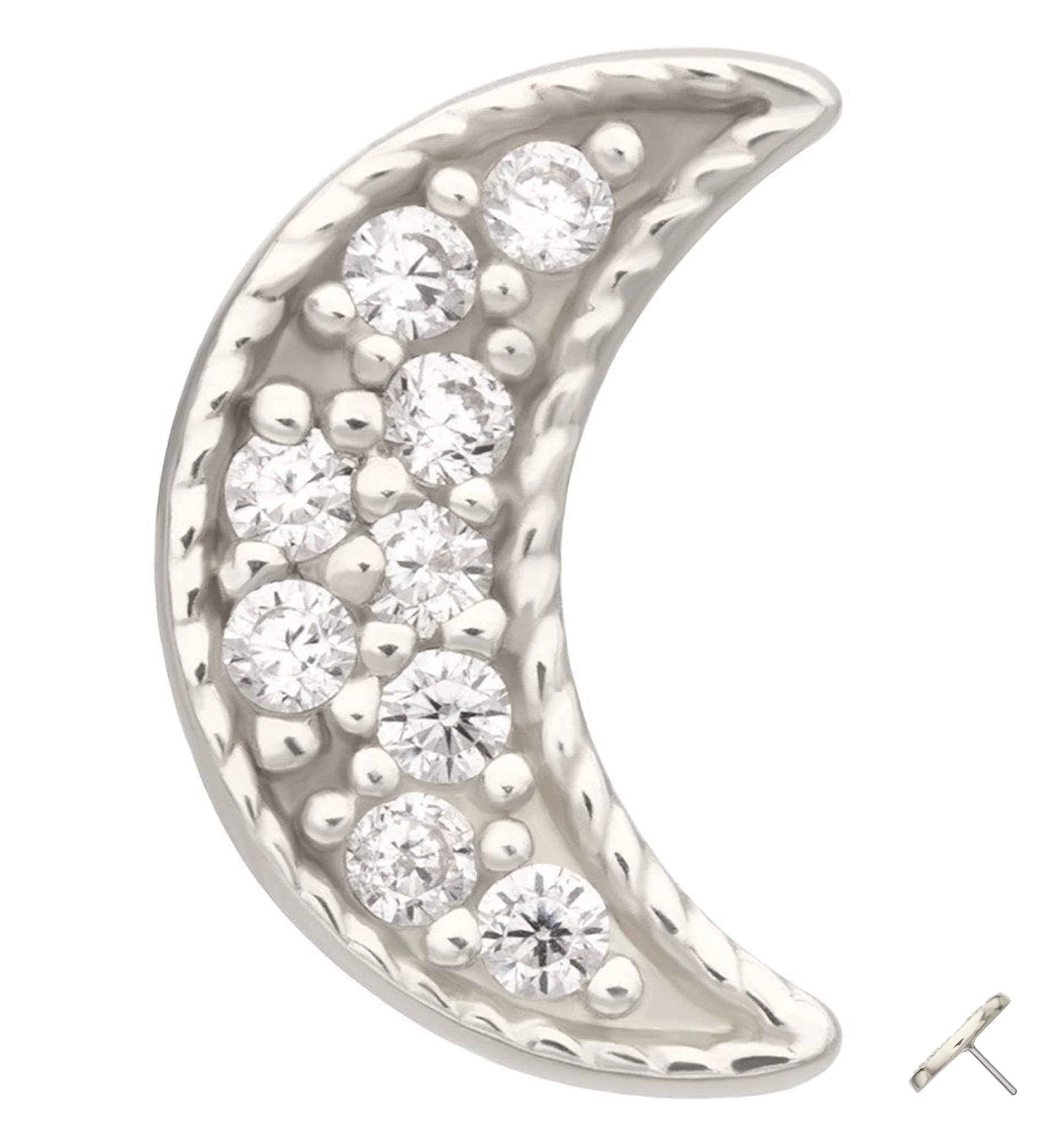 14kt White Gold Milgrain Bead Crescent Moon Clear CZ Threadless Top - Mrs Treak
