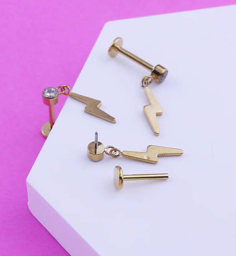 Gold PVD Electric Bolt Dangle Clear CZ Titanium Threadless Labret - Mrs Treak