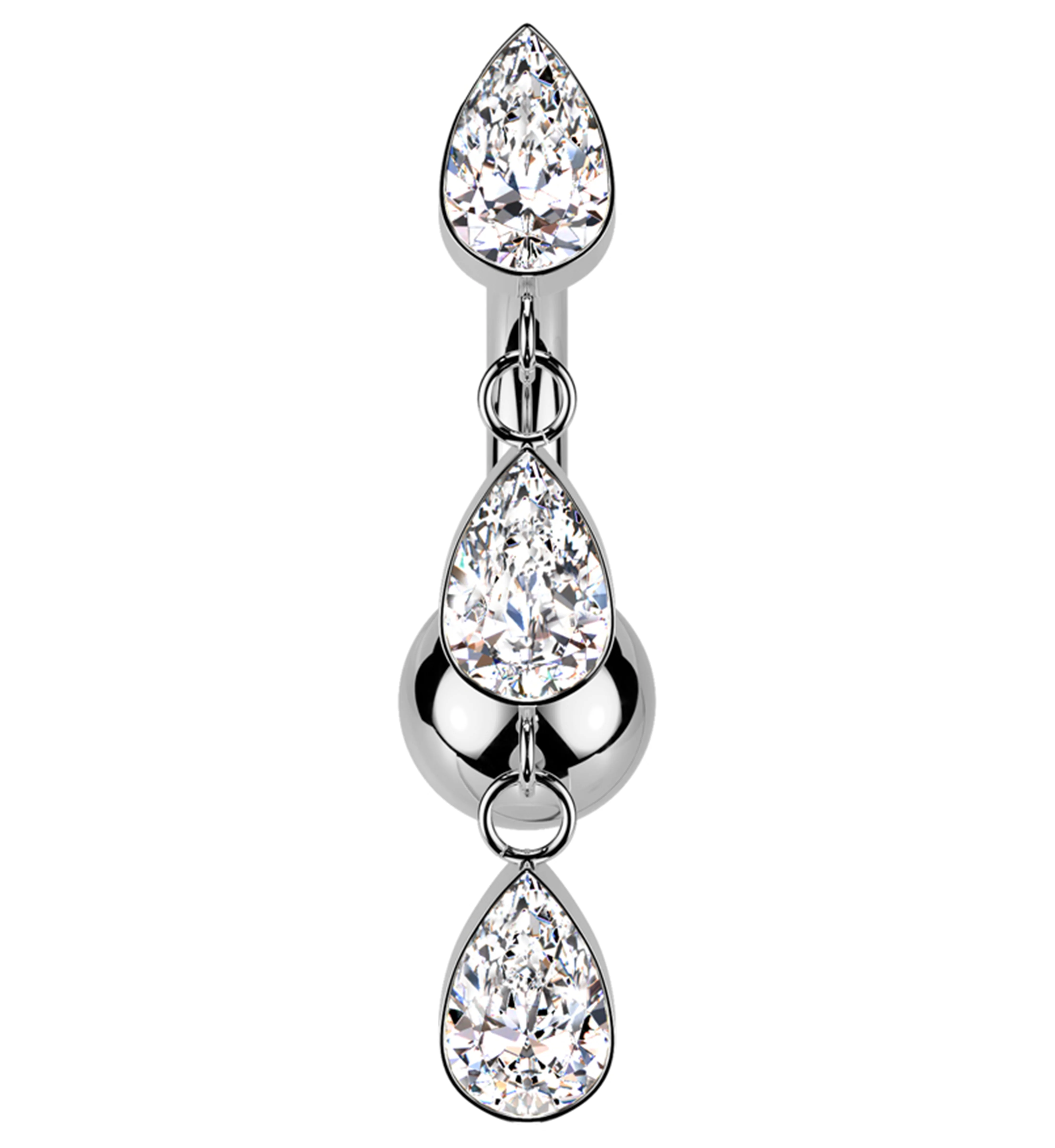 Triple Teardrop Dangle Clear CZ Titanium Threadless Belly Button Ring - Mrs Treak