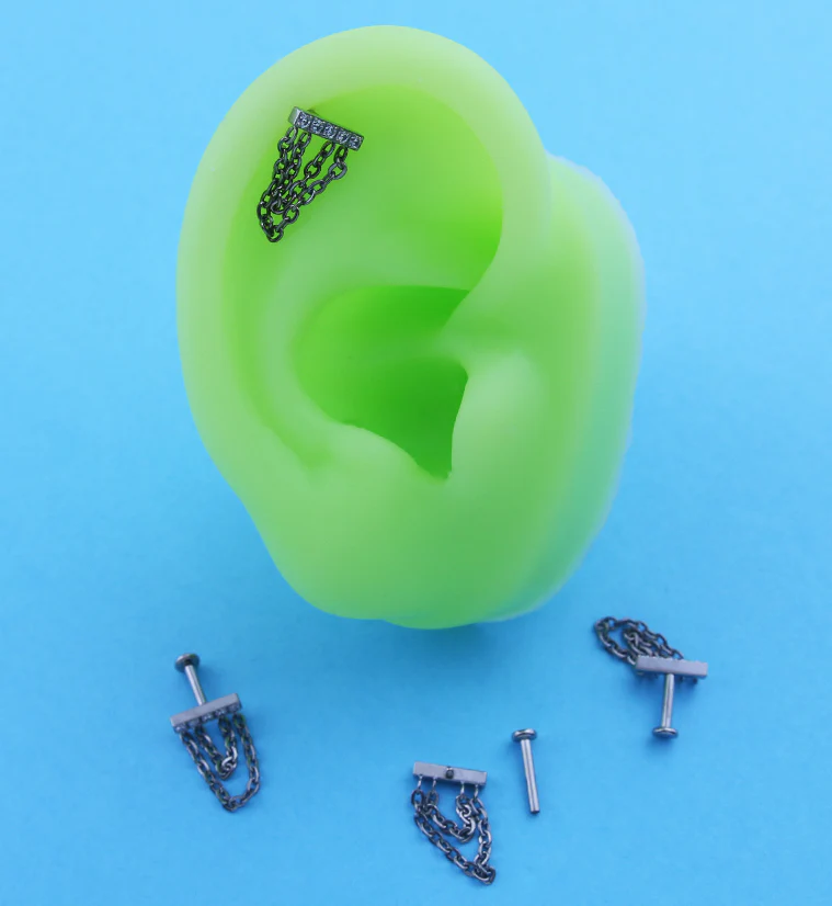 Bar Clear CZ Double Dangle Chain Titanium Internally Threaded Labret - Mrs Treak