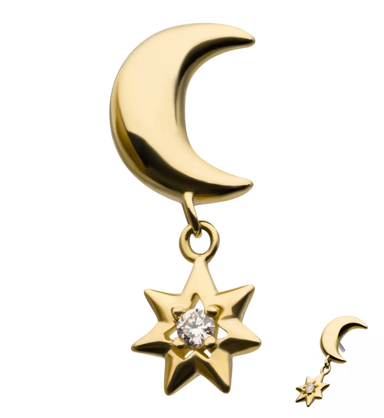 14kt Gold Half Moon Dangle CZ Star Threadless Top - Mrs Treak