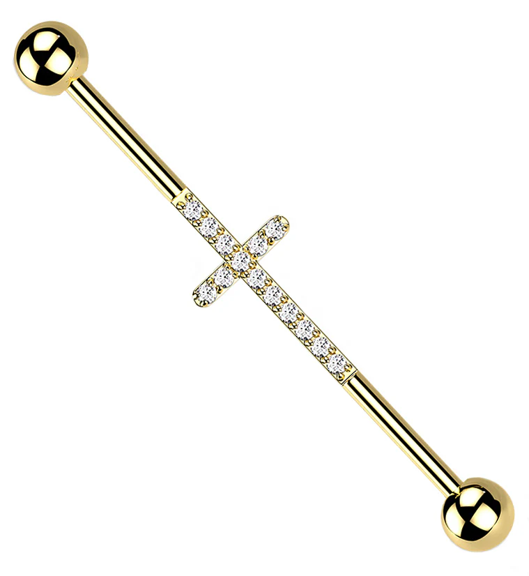 Gold PVD Center CZ Cross Titanium Industrial Barbell - Mrs Treak