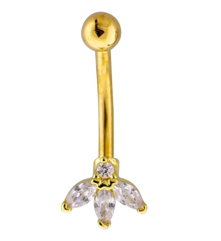 Gold PVD Sepal Clear CZ Stainless Steel Curved Barbell - Mrs Treak