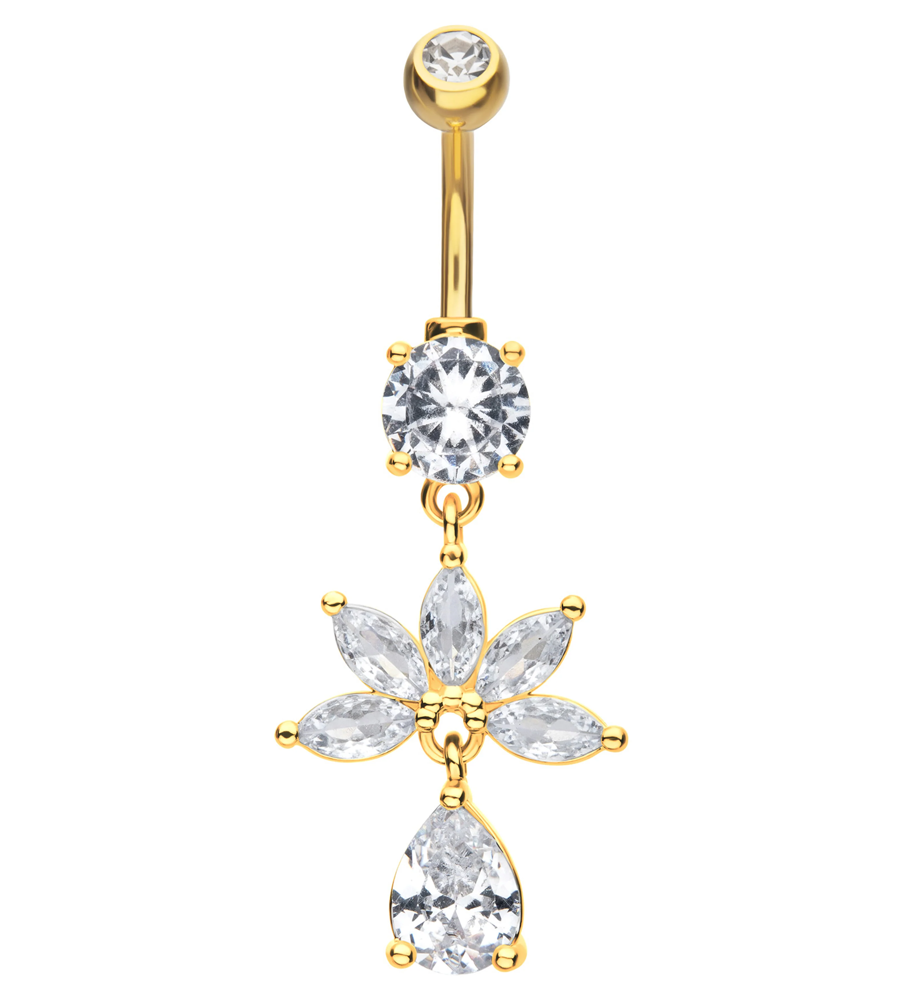 Gold PVD Half Flower Marquise Clear CZ Teardrop Dangle Stainless Steel Belly Button Ring - Mrs Treak