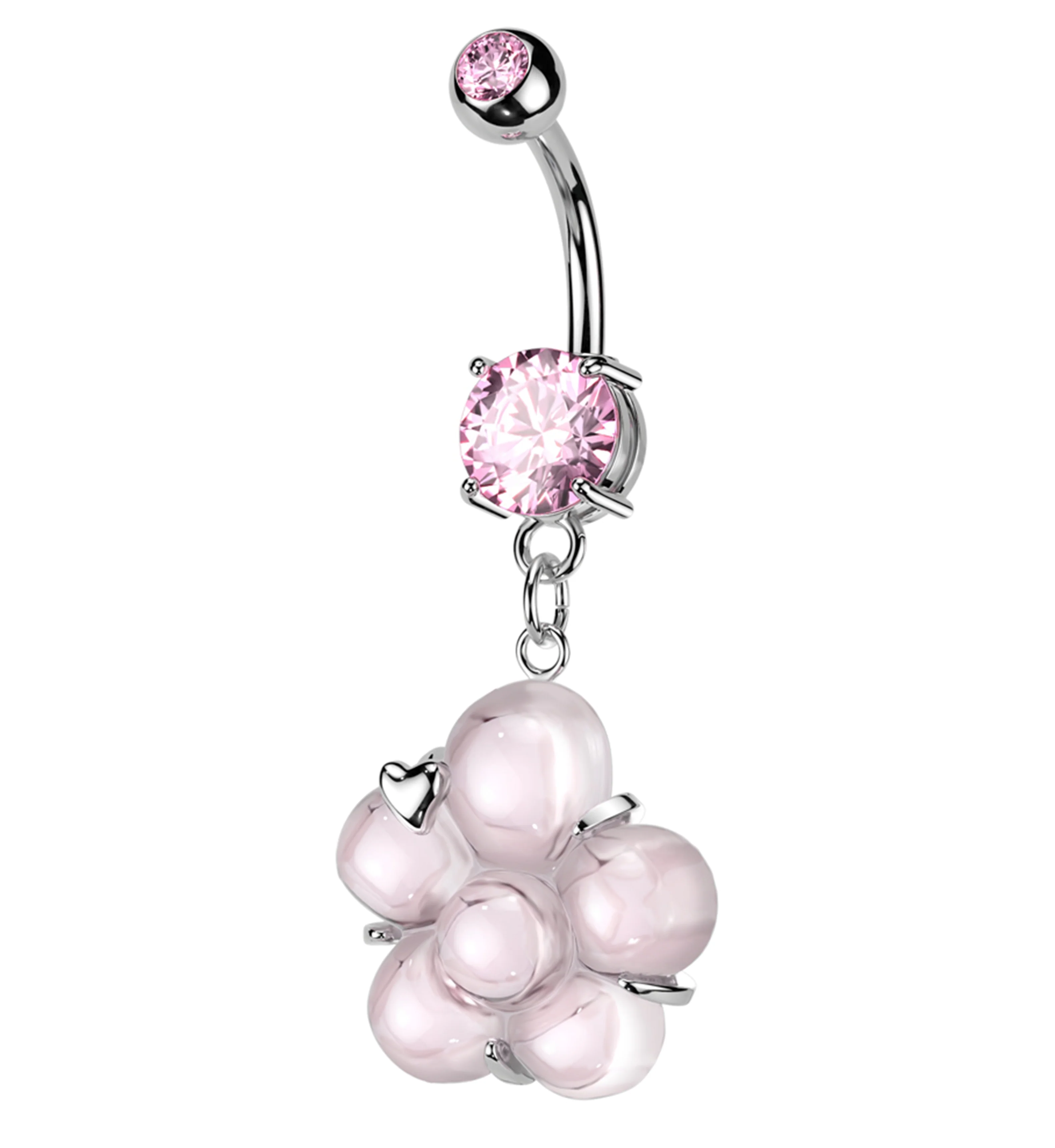 Flower Pressed Fit Pink CZ Dangle Stainless Steel Belly Button Ring - Mrs Treak