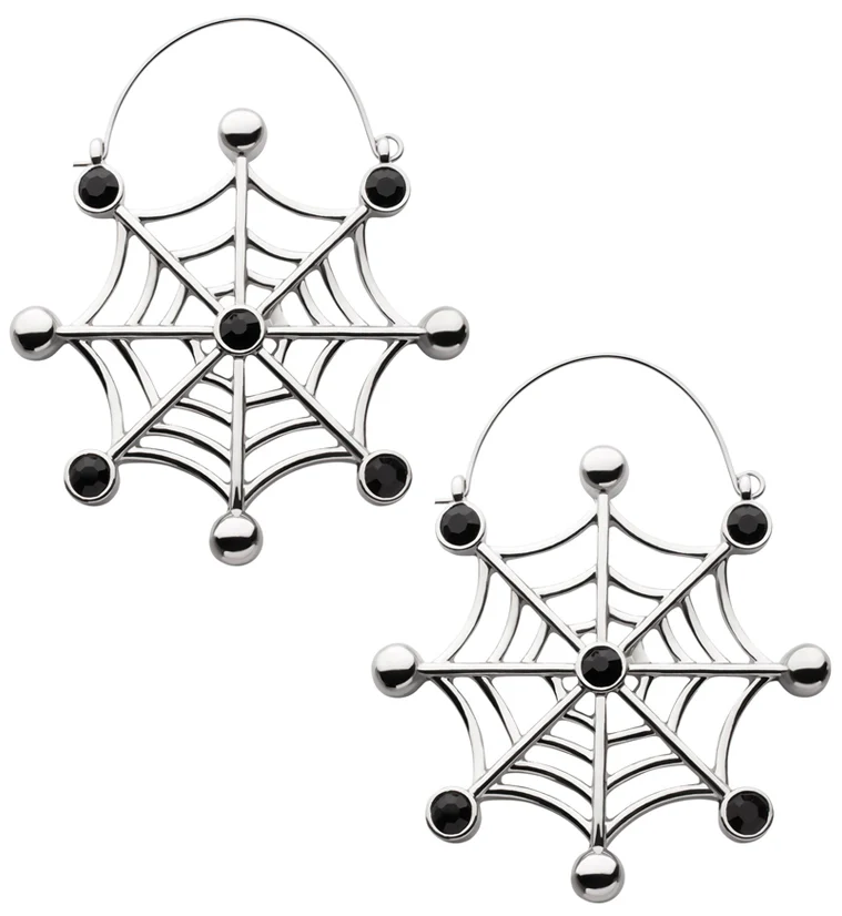 Black Crystal Spiderweb Stainless Steel Plug Hoops - Mrs Treak