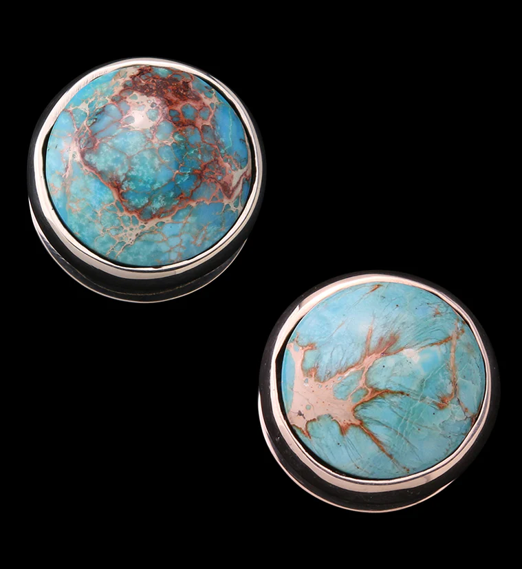 Blue Sea Sediment Stone Disk White Brass Ear Weights - Mrs Treak