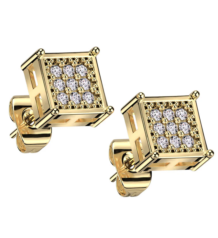 Gold PVD Block Clear CZ Stainless Steel Stud Earrings - Mrs Treak