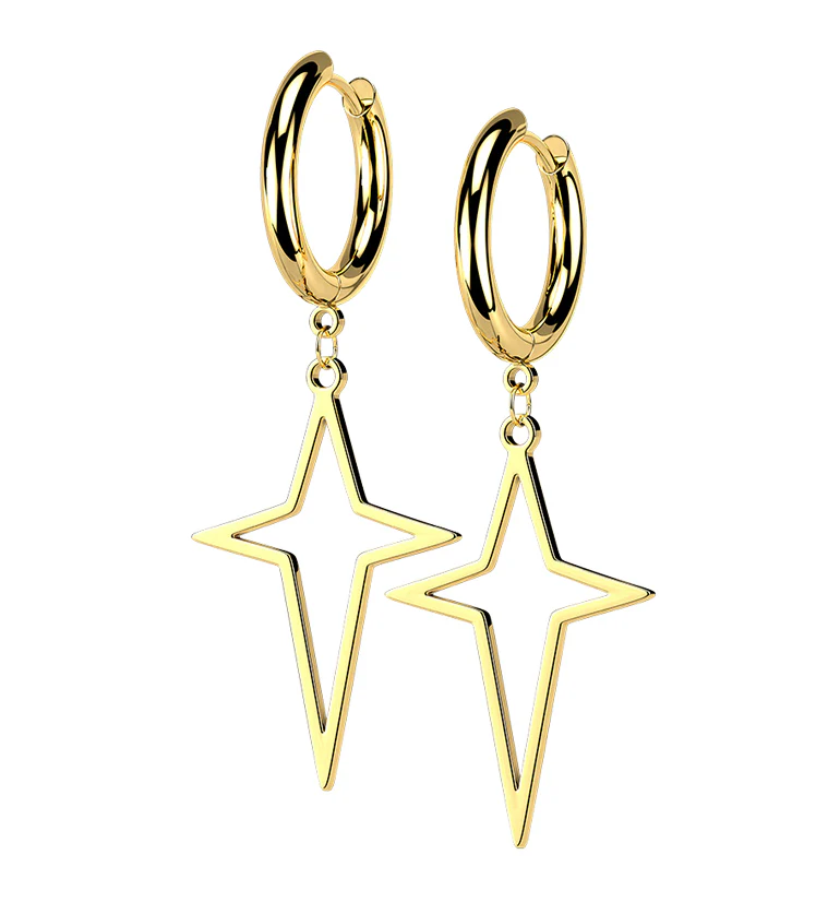 Gold PVD Four Point Star Stainless Steel Hinged Earrings - Mrs Treak