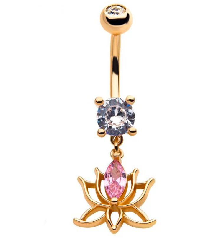 Gold PVD Lotus Flower Pink CZ Belly Button Ring - Mrs Treak