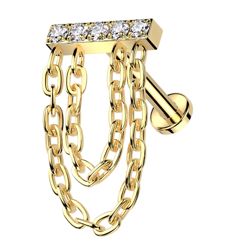 Gold PVD Bar Clear CZ Double Dangle Chain Titanium Internally Threaded Labret - Mrs Treak